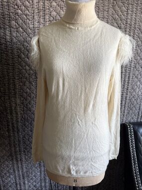 Women's Cream Turtleneck Sweater with Feather Shoulder Detail 100% Cashmere2Ply